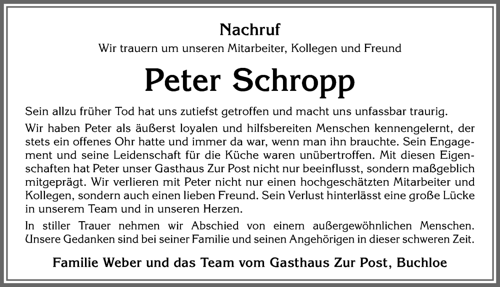 Traueranzeige von Peter Schropp von Mindelheimer Zeitung, Augsburger Allgemeine