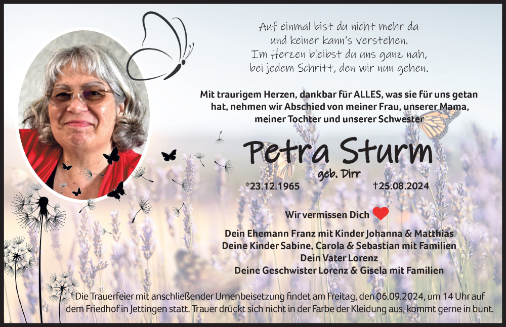 Traueranzeige von Petra Sturm von Mittelschwäbische Nachrichten, Günzburger Zeitung