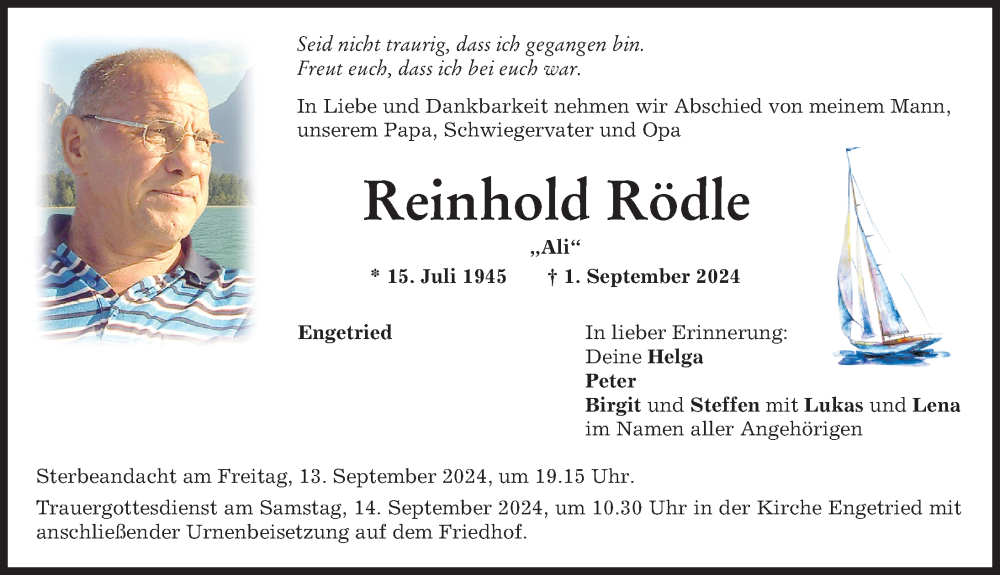  Traueranzeige für Reinhold Rödle vom 10.09.2024 aus Mindelheimer Zeitung