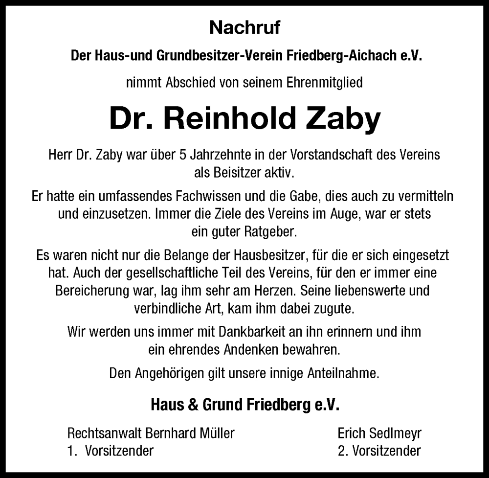 Traueranzeige von Reinhold Zaby von Friedberger Allgemeine