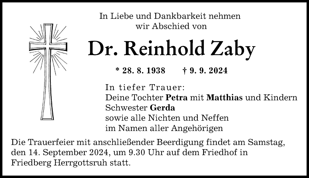 Traueranzeige von Reinhold Zaby von Augsburger Allgemeine