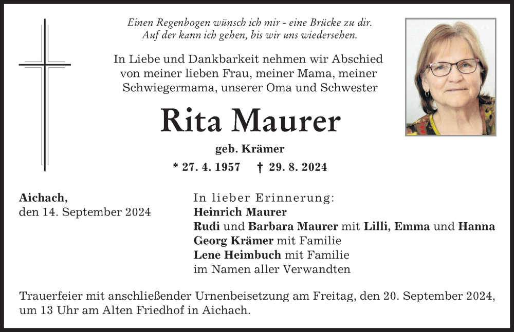 Traueranzeige von Rita Maurer von Aichacher Nachrichten