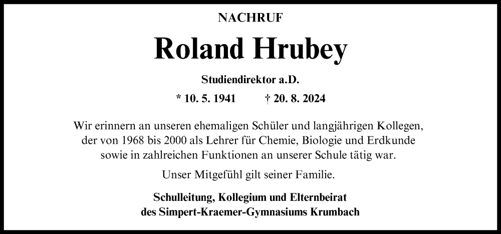 Traueranzeige von Roland Hrubey von Mittelschwäbische Nachrichten