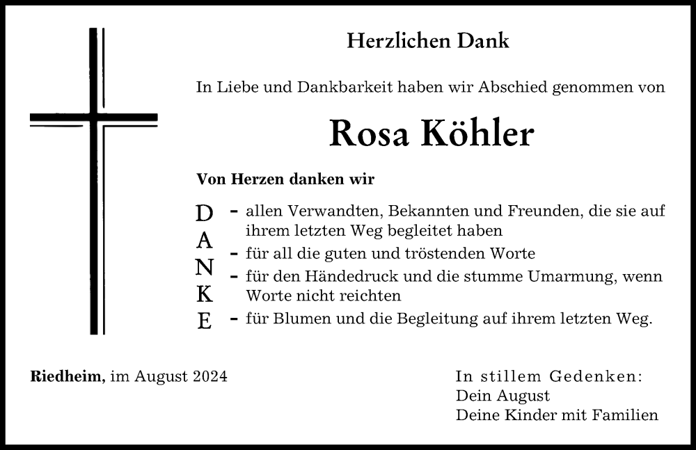 Traueranzeige von Rosa Köhler von Günzburger Zeitung