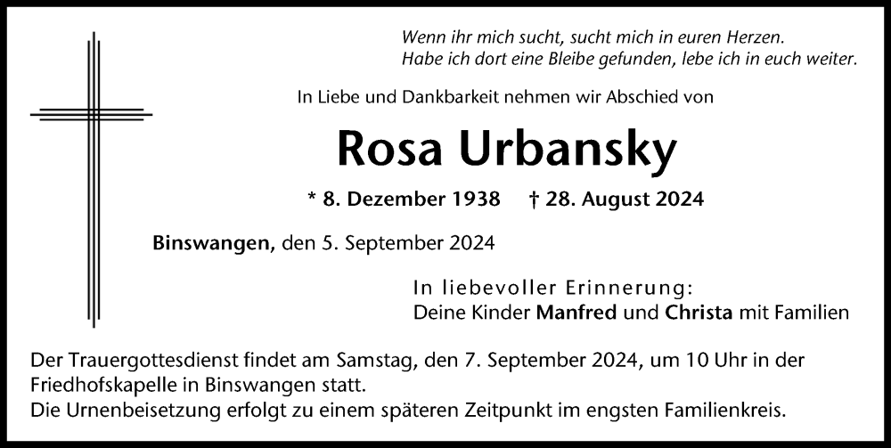 Traueranzeige von Rosa Urbansky von Wertinger Zeitung