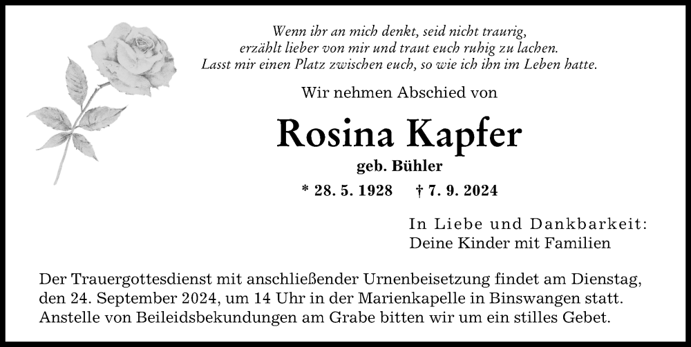 Traueranzeige von Rosina Kapfer von Wertinger Zeitung