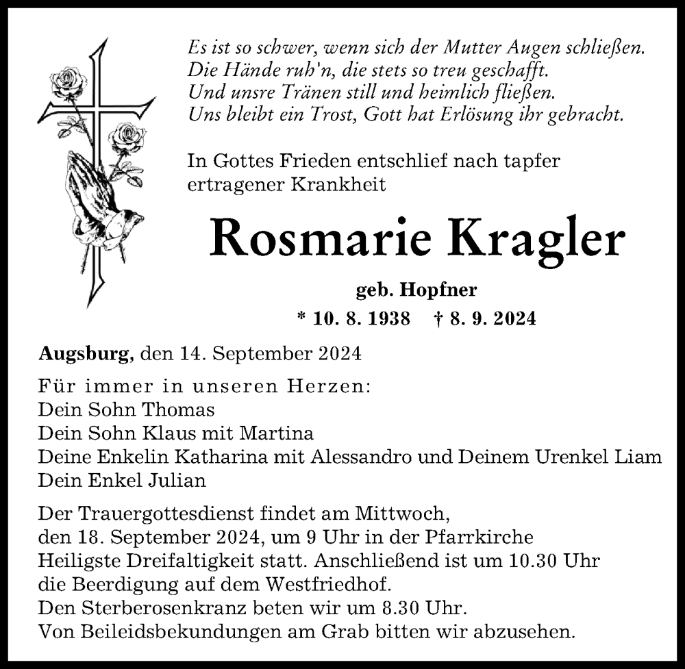 Traueranzeige von Rosmarie Kragler von Augsburger Allgemeine