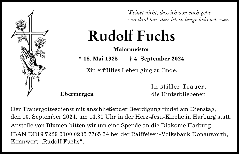 Traueranzeige von Rudolf Fuchs von Rieser Nachrichten, Donauwörther Zeitung