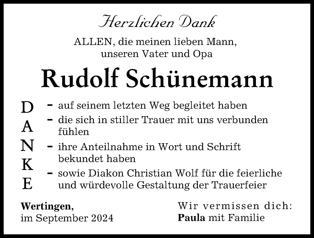 Traueranzeige von Rudolf Schünemann von Wertinger Zeitung