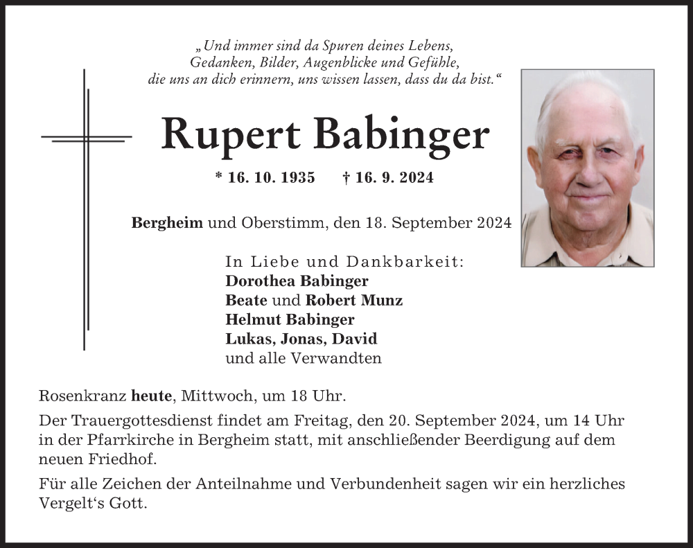 Traueranzeige von Rupert Babinger von Neuburger Rundschau