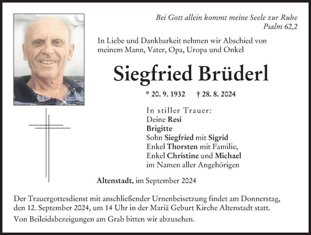 Traueranzeige von Siegfried Brüderl von Illertisser Zeitung