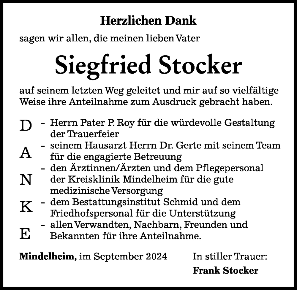 Traueranzeige von Siegfried Stocker von Mindelheimer Zeitung