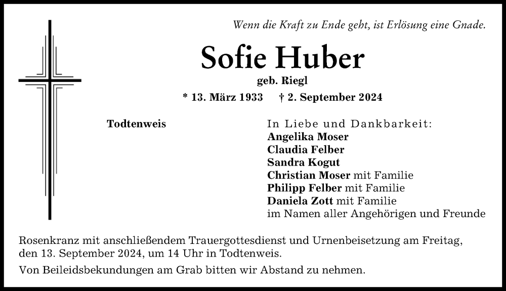 Traueranzeige von Sofie Huber von Aichacher Nachrichten