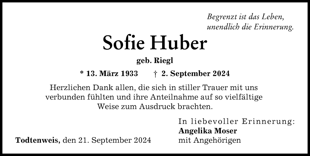 Traueranzeige von Sofie Huber von Aichacher Nachrichten