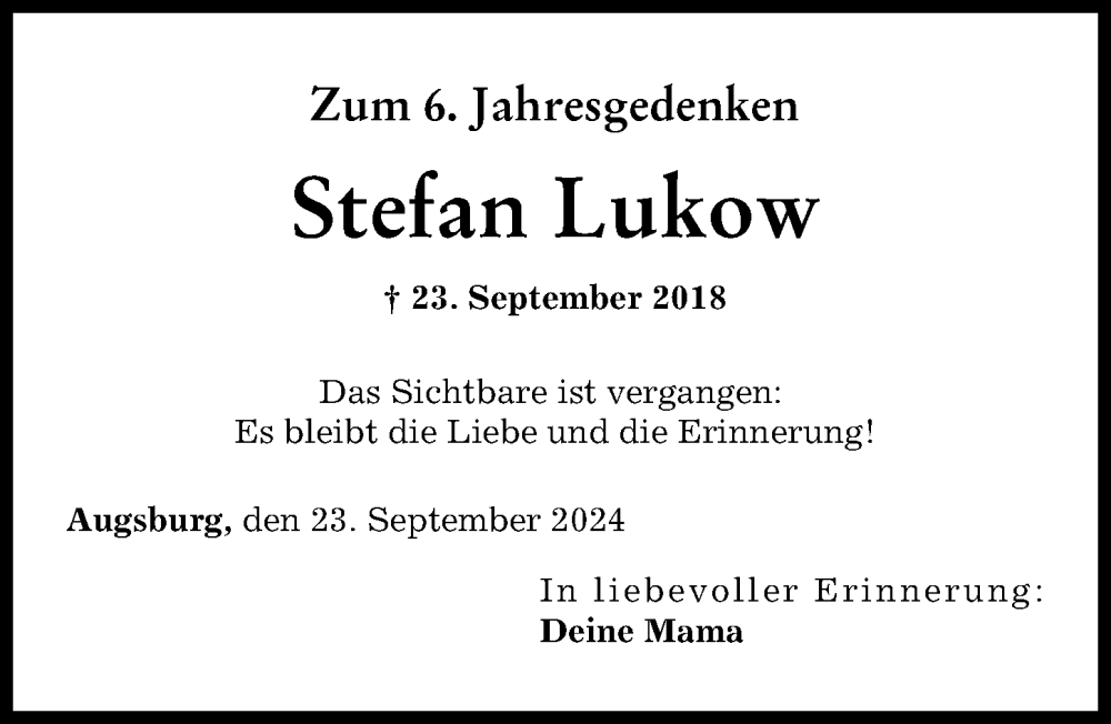 Traueranzeige von Stefan Lukow von Augsburger Allgemeine