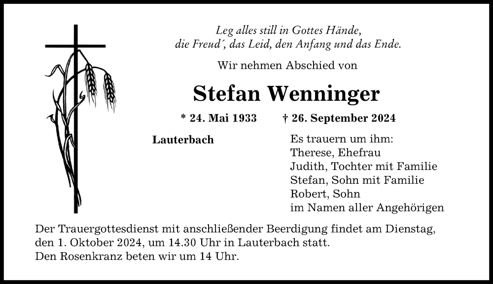 Traueranzeige von Stefan Wenninger von Wertinger Zeitung