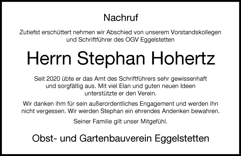 Traueranzeige von Stephan Hohertz von Donauwörther Zeitung