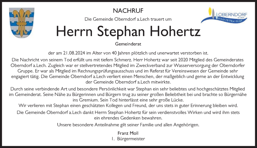 Traueranzeige von Stephan Hohertz von Donauwörther Zeitung