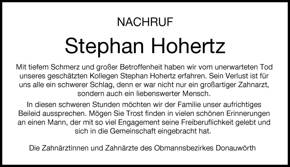 Traueranzeige von Stephan Hohertz von Donauwörther Zeitung