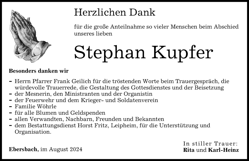 Traueranzeige von Stephan Kupfer von Günzburger Zeitung