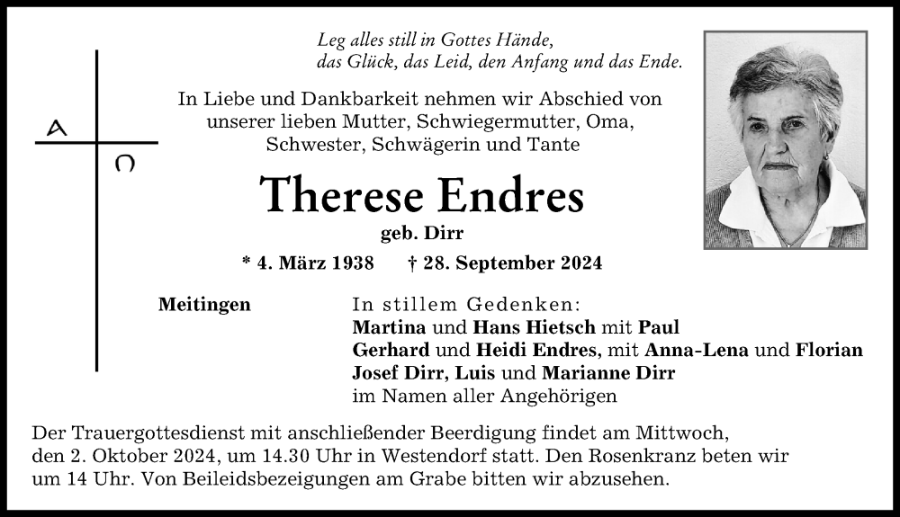 Traueranzeige von Therese Endres von Augsburg-Land