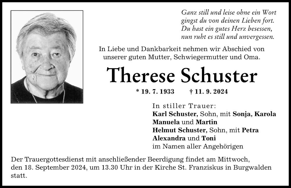 Traueranzeige von Therese Schuster von Schwabmünchner Allgemeine