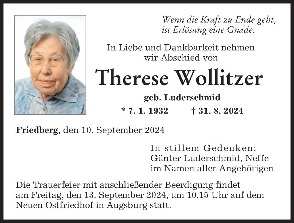 Traueranzeige von Therese Wollitzer von Friedberger Allgemeine