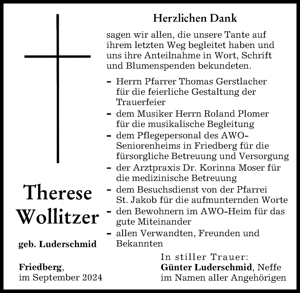 Traueranzeige von Therese Wollitzer von Friedberger Allgemeine