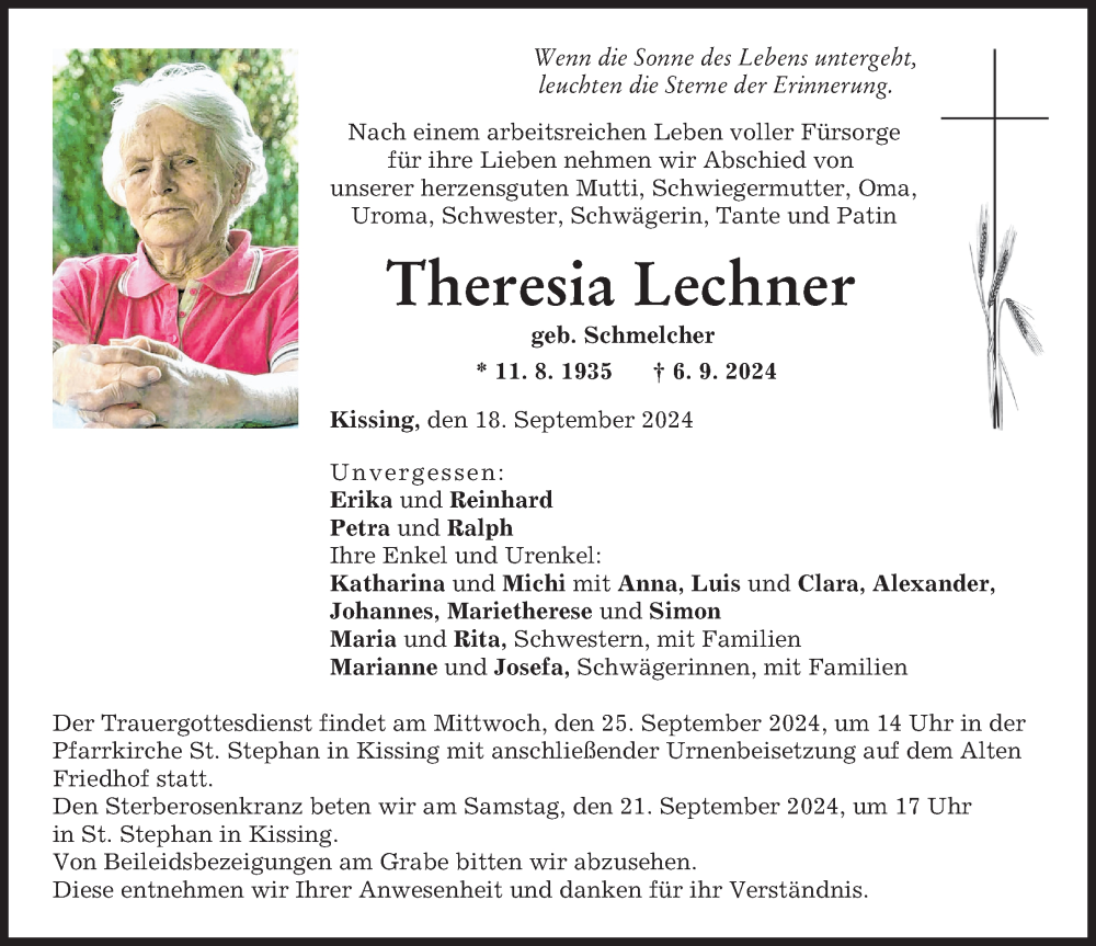 Traueranzeige von Theresia Lechner von Friedberger Allgemeine