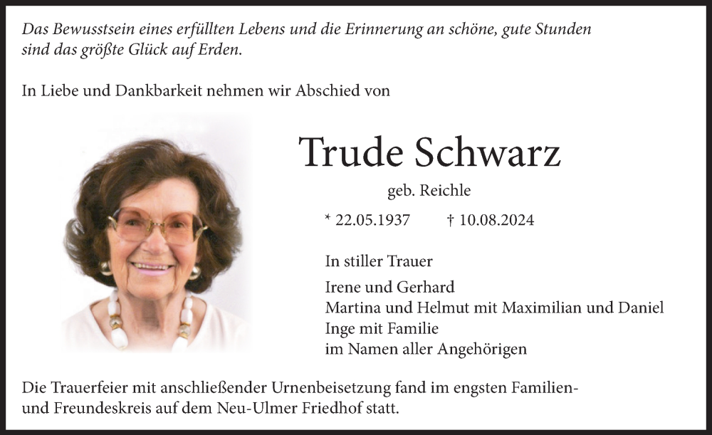 Traueranzeige von Trude Schwarz von Neu-Ulmer Zeitung