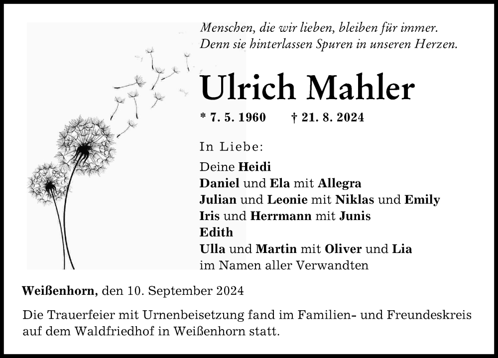 Traueranzeige von Ulrich Mahler von Neu-Ulmer Zeitung