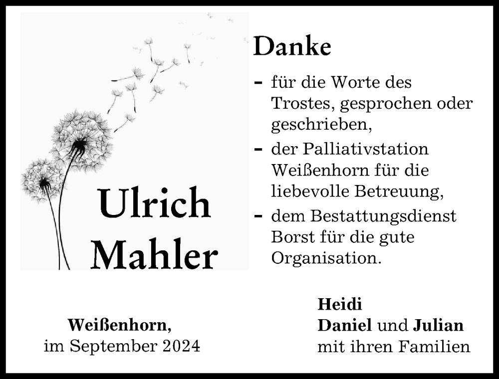 Traueranzeige von Ulrich Mahler von Neu-Ulmer Zeitung