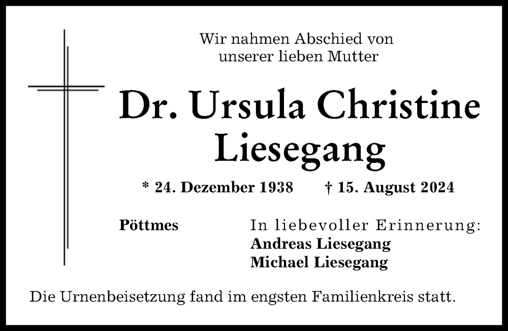 Traueranzeige von Ursula Christine Liesegang von Aichacher Nachrichten