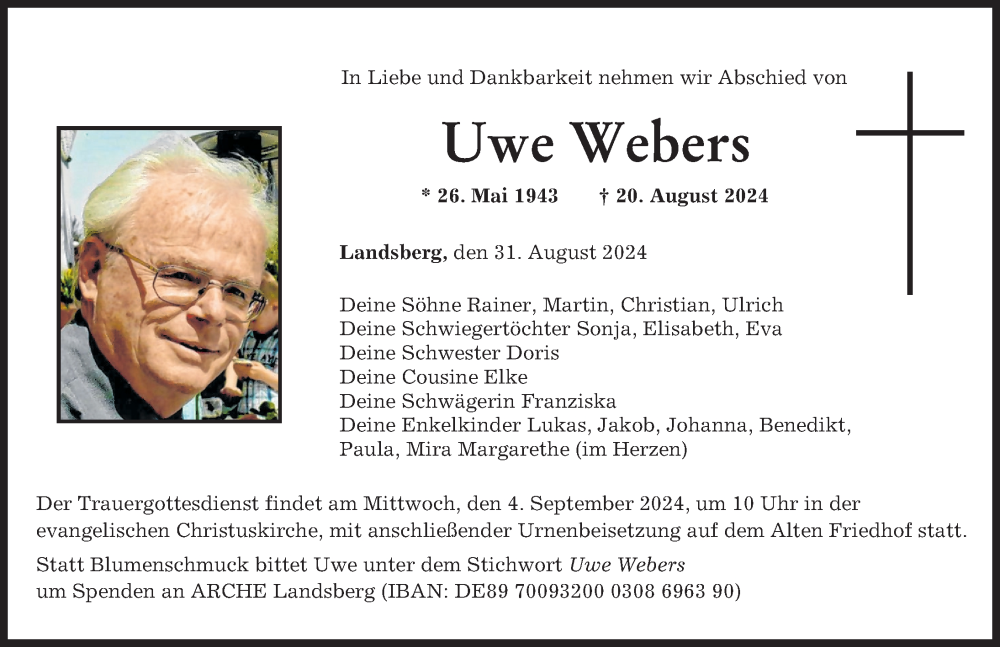  Traueranzeige für Uwe Webers vom 31.08.2024 aus Landsberger Tagblatt