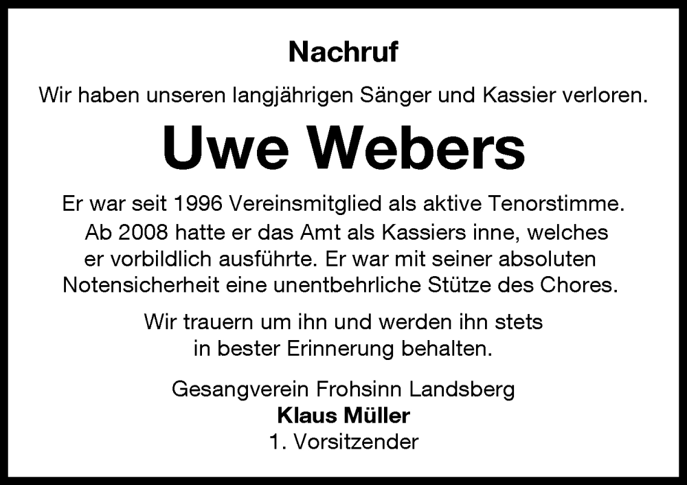 Traueranzeige von Uwe Webers von Landsberger Tagblatt