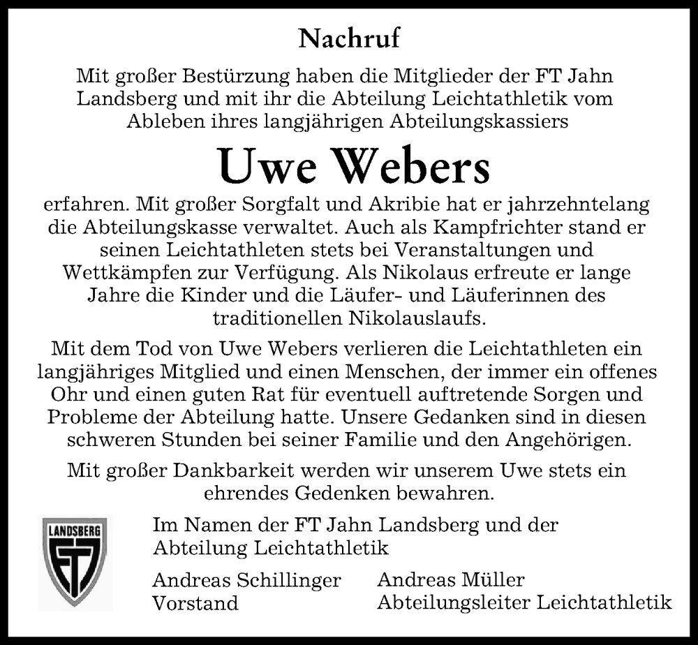  Traueranzeige für Uwe Webers vom 31.08.2024 aus Landsberger Tagblatt