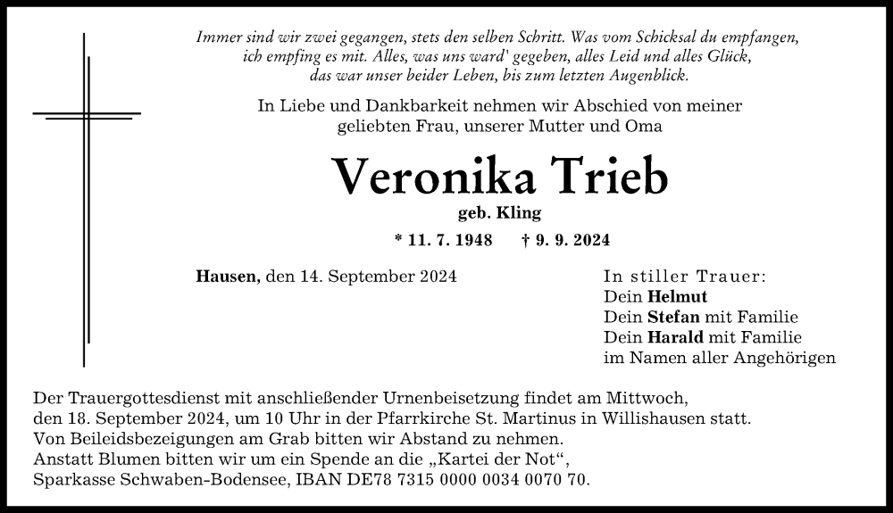 Traueranzeige von Veronika Trieb von Augsburg-Land