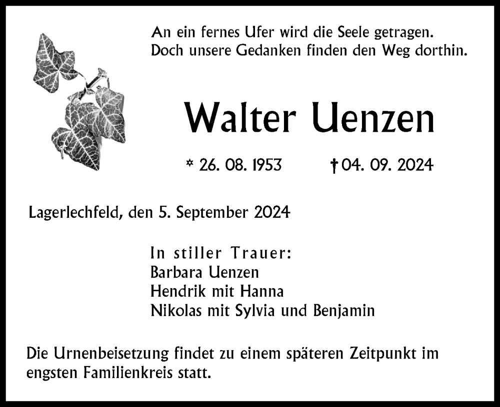 Traueranzeige von Walter Uenzen von Schwabmünchner Allgemeine