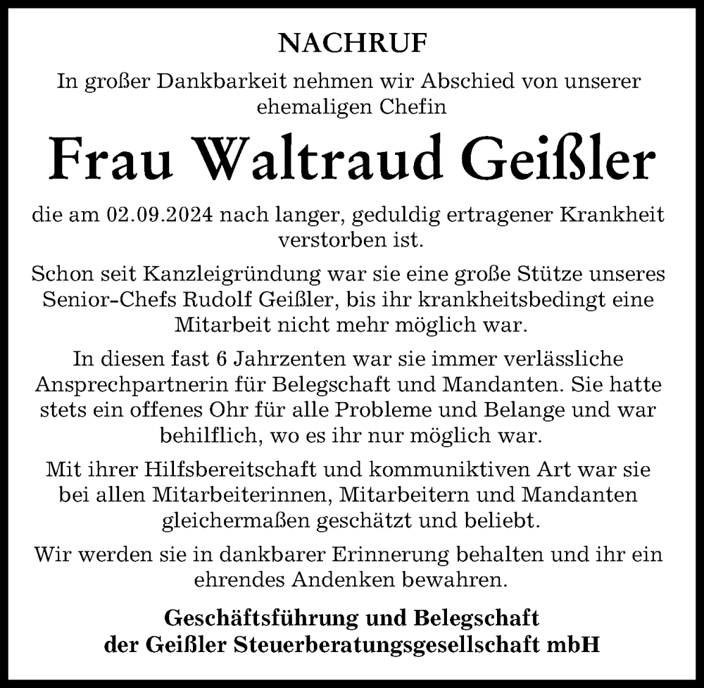 Traueranzeige von Waltraud Geißler von Günzburger Zeitung