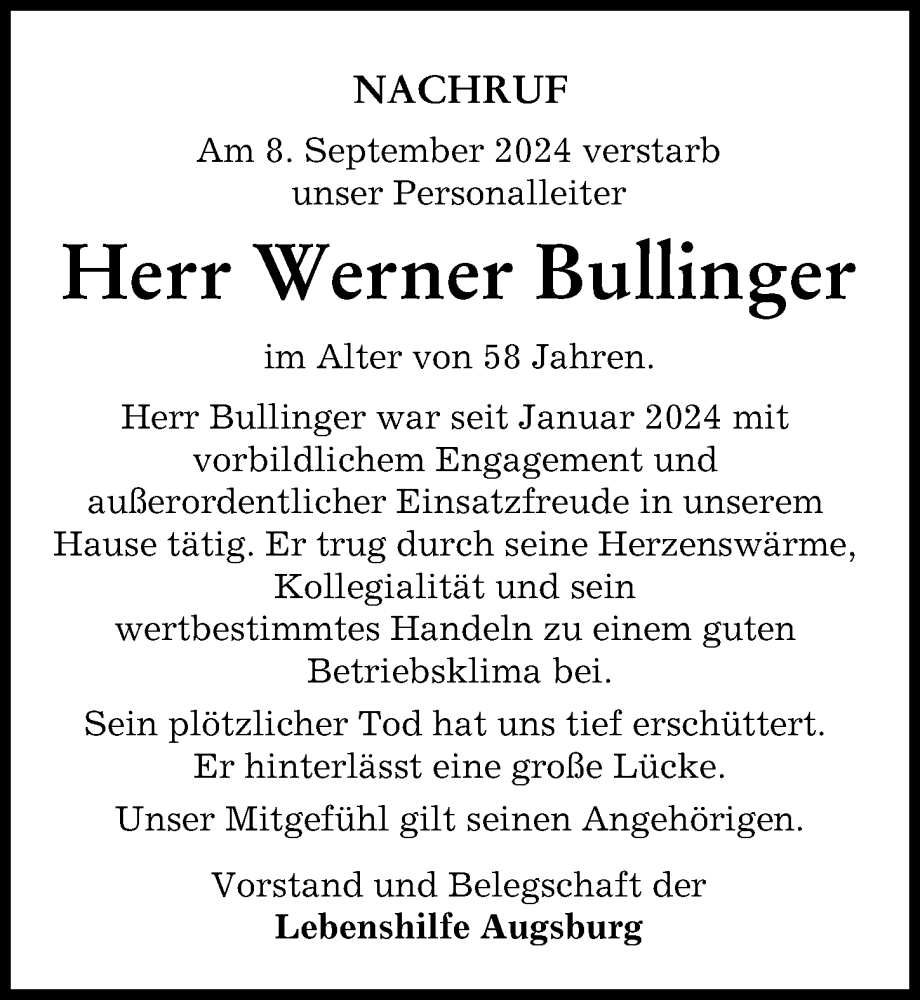 Traueranzeige von Werner Bullinger von Augsburger Allgemeine