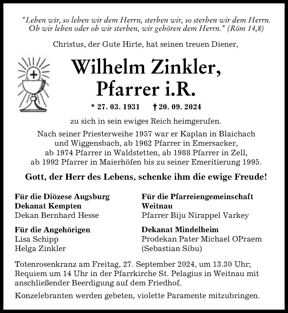 Traueranzeige von Wilhelm Zinkler von Augsburger Allgemeine