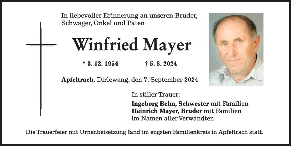 Traueranzeige von Winfried Mayer von Mindelheimer Zeitung