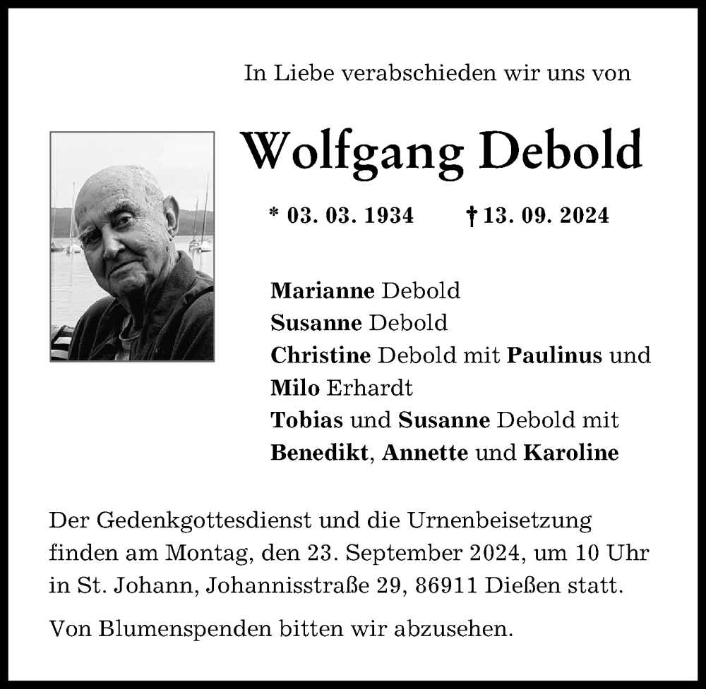 Traueranzeige von Wolfgang Debold von Friedberger Allgemeine, Landsberger Tagblatt, Augsburger Allgemeine