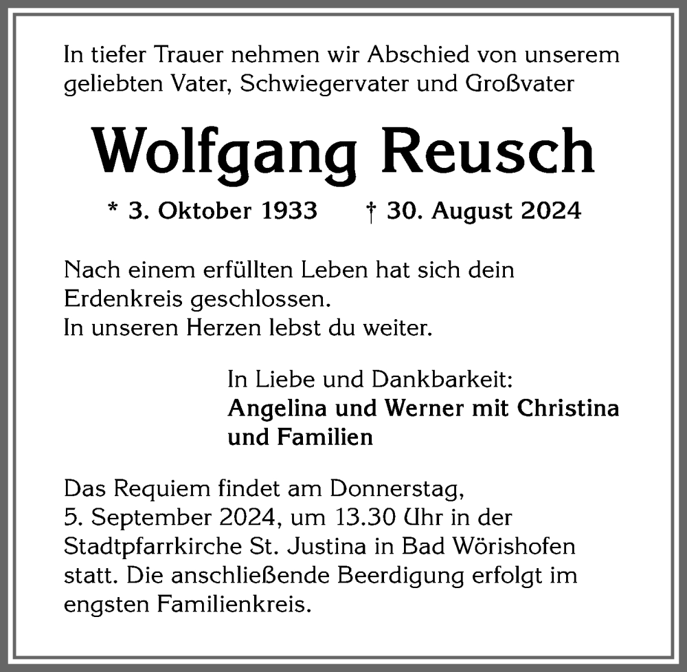 Traueranzeige von Wolfgang Reusch von Mindelheimer Zeitung