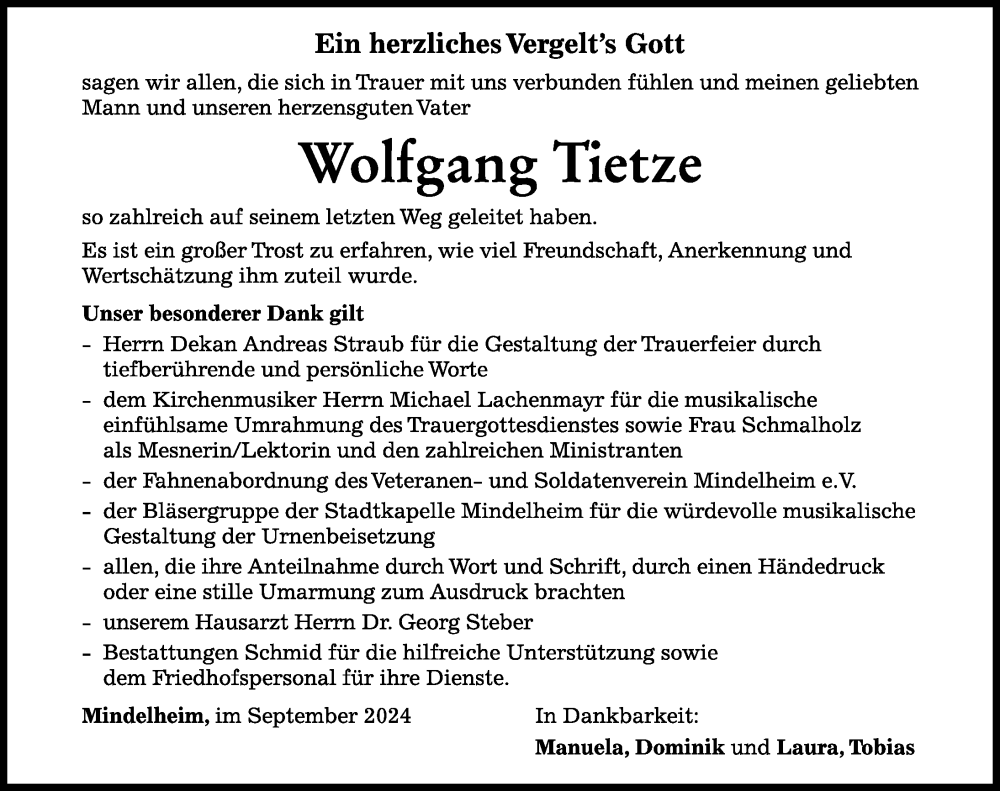 Traueranzeige von Wolfgang Tietze von Mindelheimer Zeitung