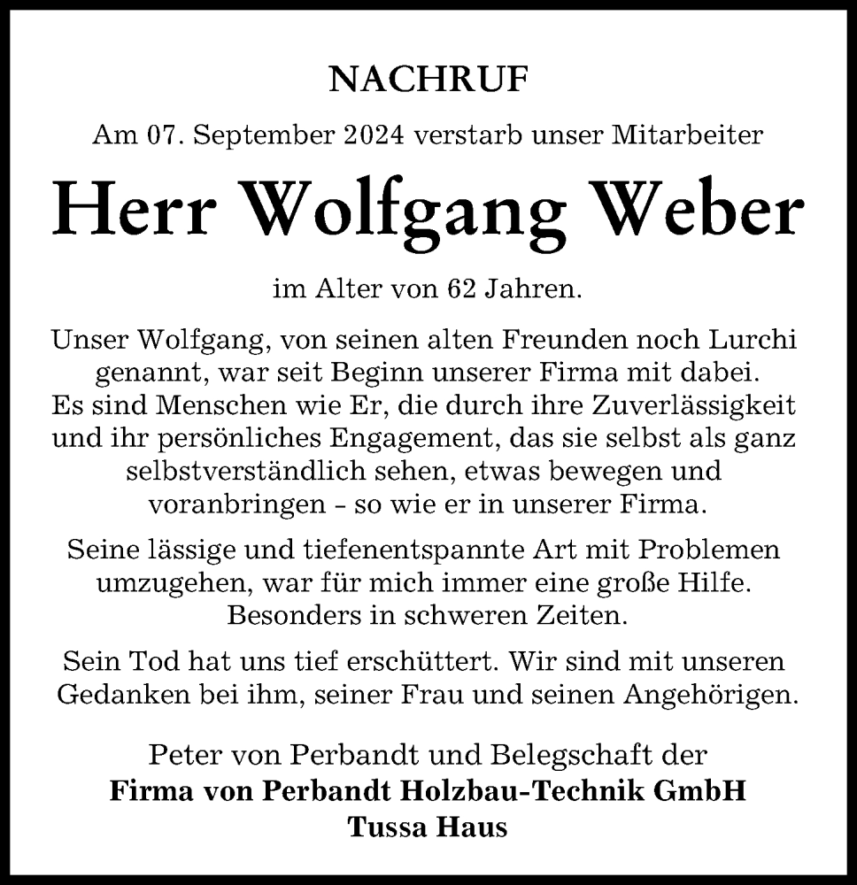  Traueranzeige für Wolfgang Weber vom 19.09.2024 aus Illertisser Zeitung