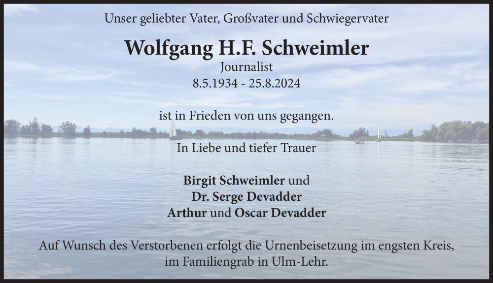 Traueranzeige von Wolfgang H.F. Schweimler von Ammersee Kurier