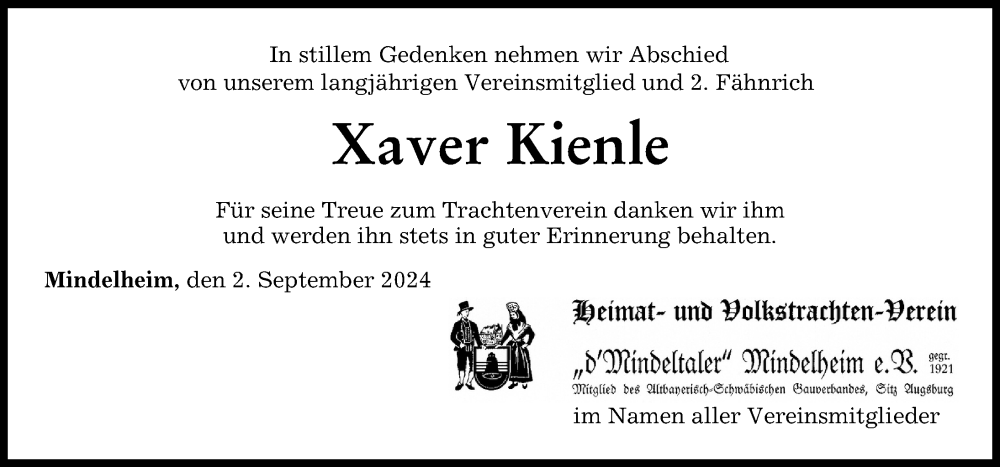  Traueranzeige für Xaver Kienle vom 02.09.2024 aus Mindelheimer Zeitung