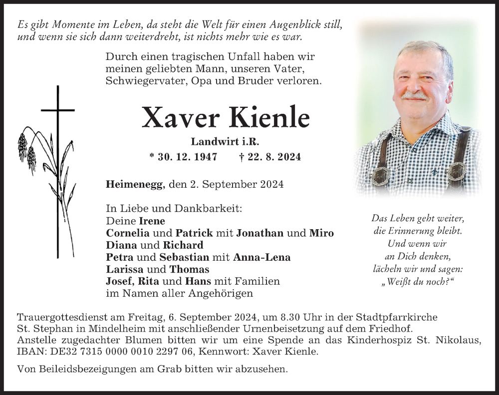 Traueranzeige von Xaver Kienle von Mindelheimer Zeitung