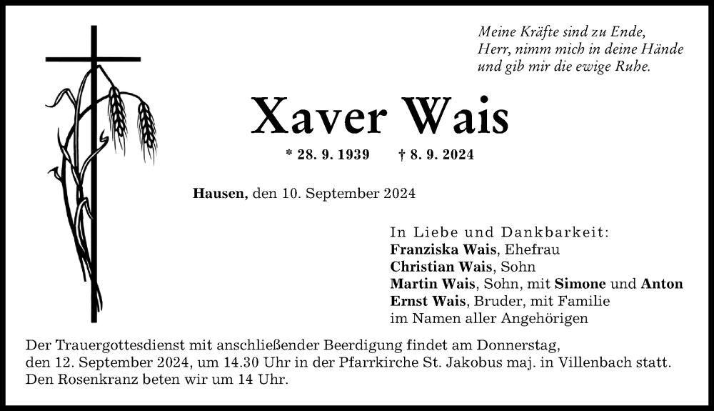 Traueranzeige von Xaver Wais von Wertinger Zeitung, Augsburg-Land